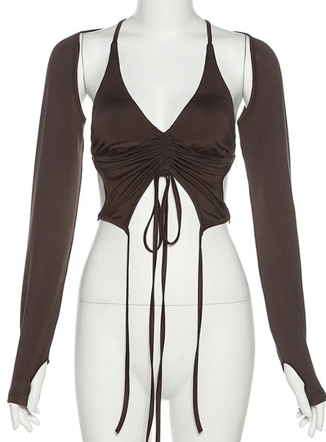 Mocha Ruched Tie-Up Top