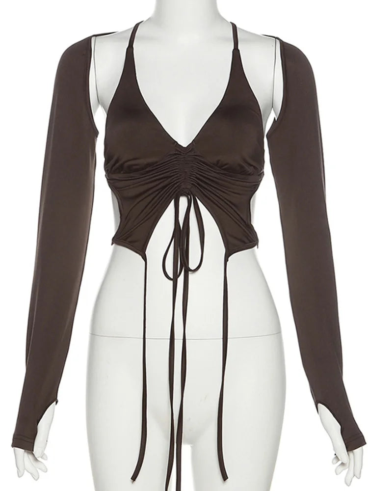 Mocha Ruched Tie-Up Top