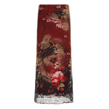 Y2K Crimson Bloom Mesh Midi Skirt
