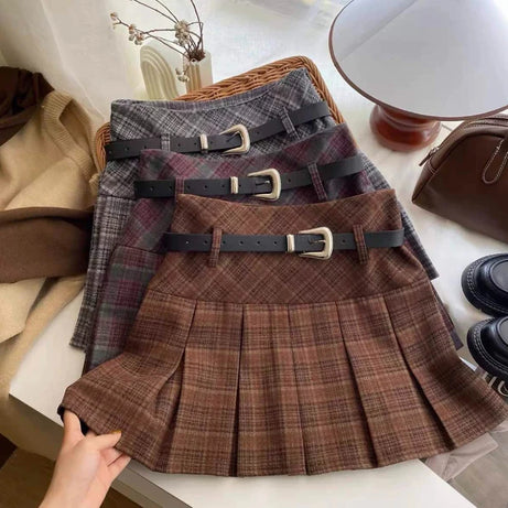 Belted Plaid Pleated Skirt