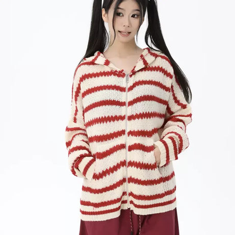 Striped Knit Bunny Ear Hoodie