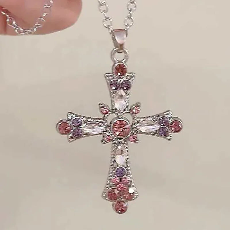 Crystal Rose Gothic Cross Necklace