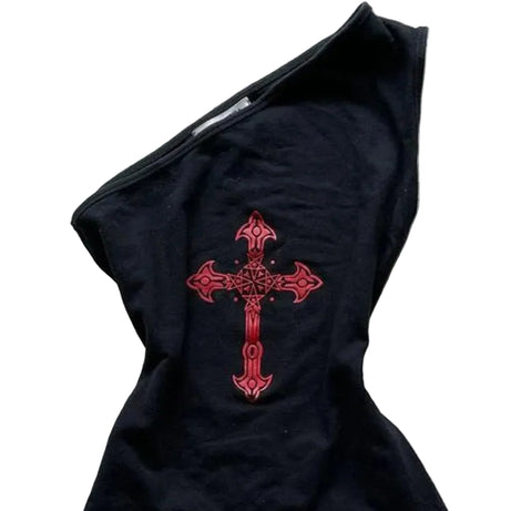 Goth Y2k Crimson Cross One-Shoulder Crop Top