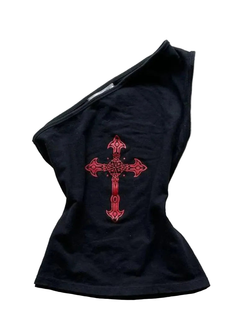 Goth Y2k Crimson Cross One-Shoulder Crop Top
