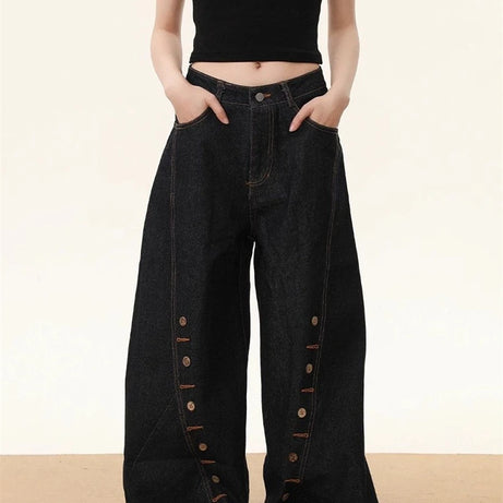 Button Detail Wide-Leg Jeans