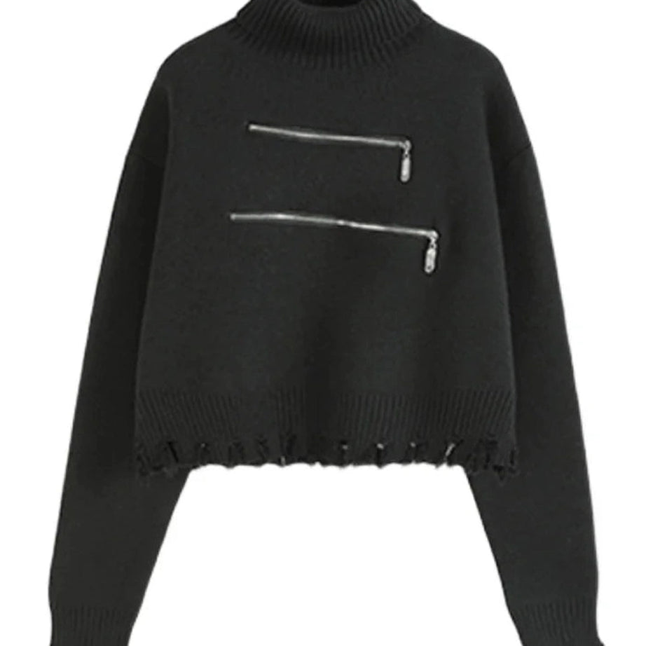 Distressed Turtleneck Zip-Up Sweater