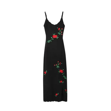 Goth Y2k Crimson Rose Embroidered Slip Dress