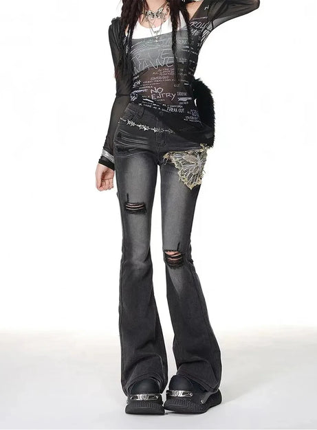 Gothic Butterfly Distressed Flare Jeans