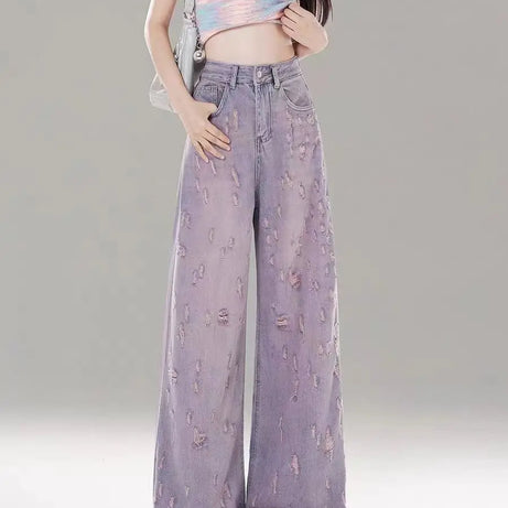 Vintage Lilac Distressed Wide-Leg Jeans