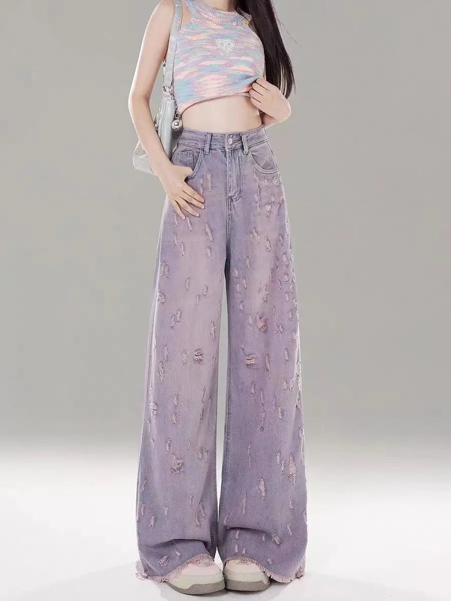 Vintage Lilac Distressed Wide-Leg Jeans
