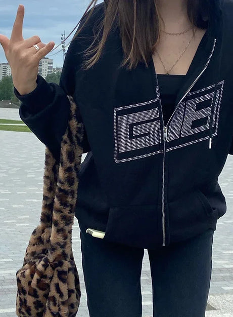 Rhinestone Logo Zip-Up Hoodie