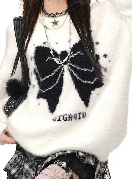 Gothic Bow Fuzzy Knit Sweater