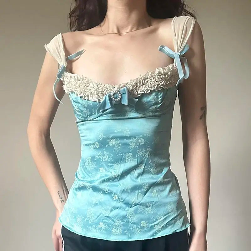 Y2K Pearl Bow Floral Corset Cami Top in Baby Blue
