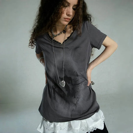 Layered Gothic Lace Trim T-Shirt