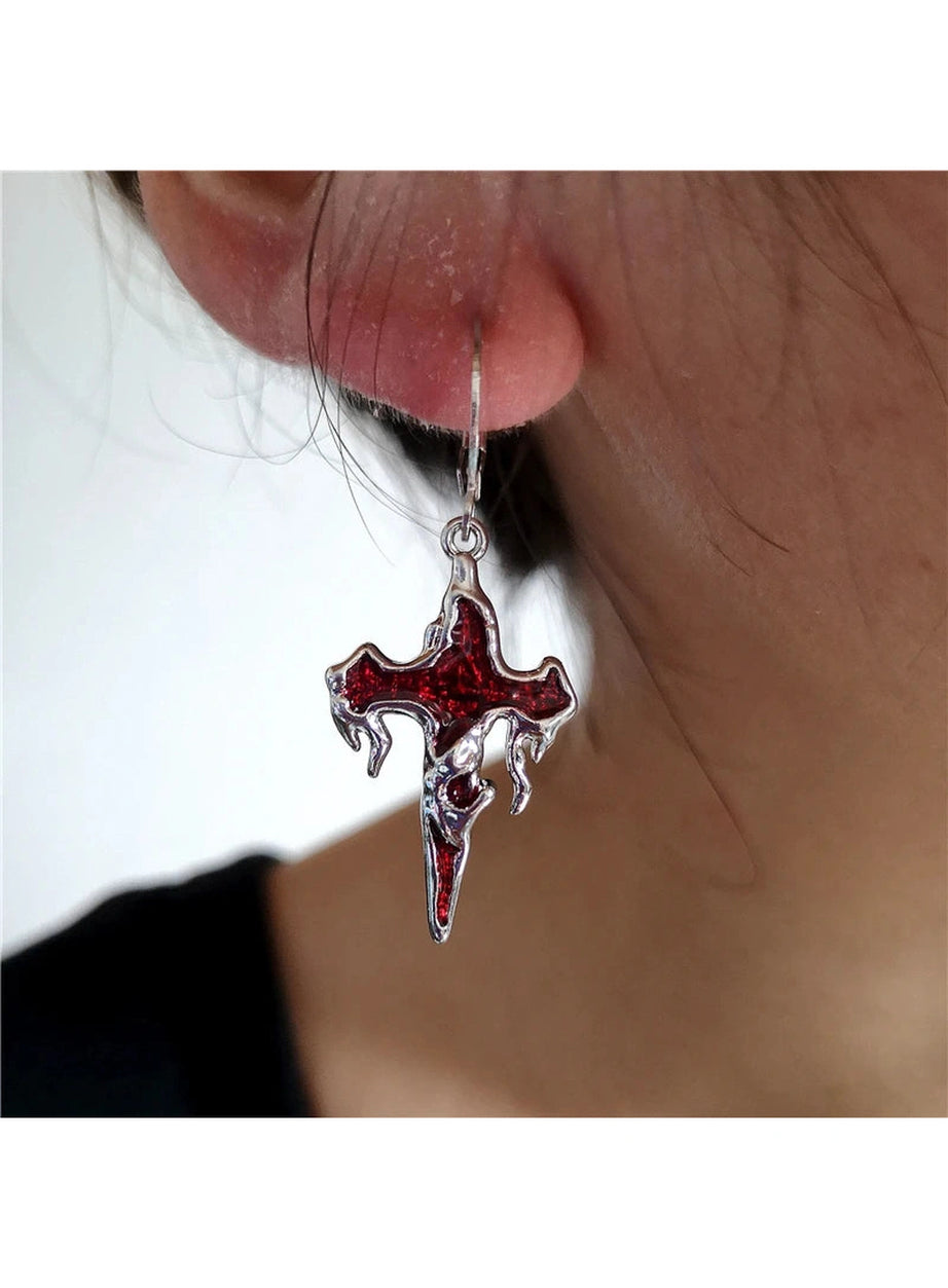 Crimson Gothic Cross Earrings