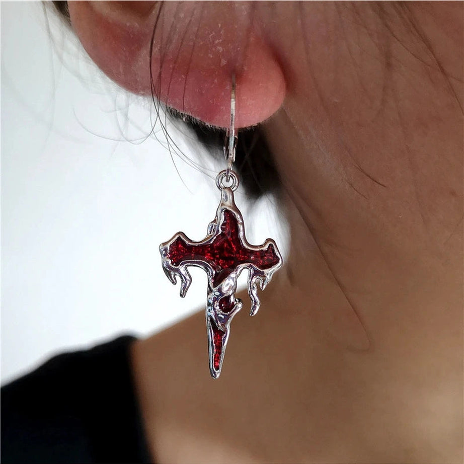 Crimson Gothic Cross Earrings