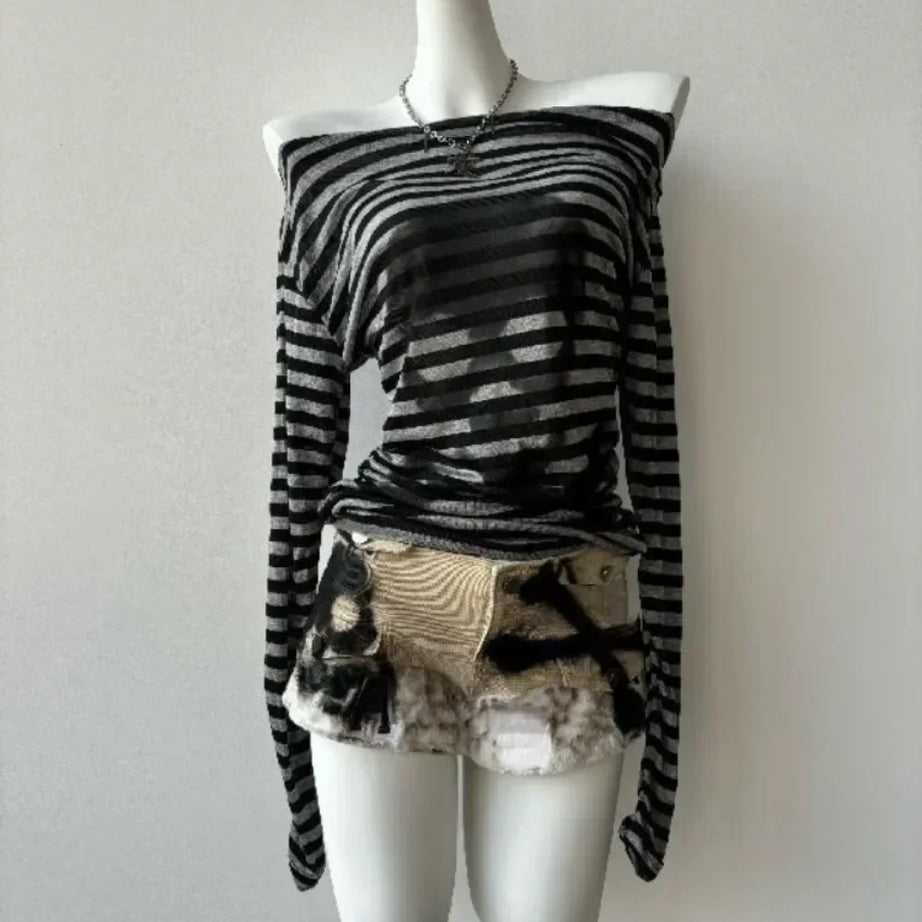 Striped Shadow Print Mesh Top