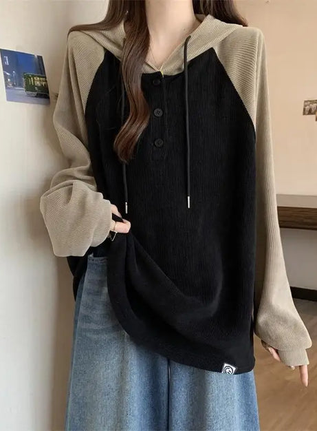 Two-Tone Button-Up Hooded Sweatshirt