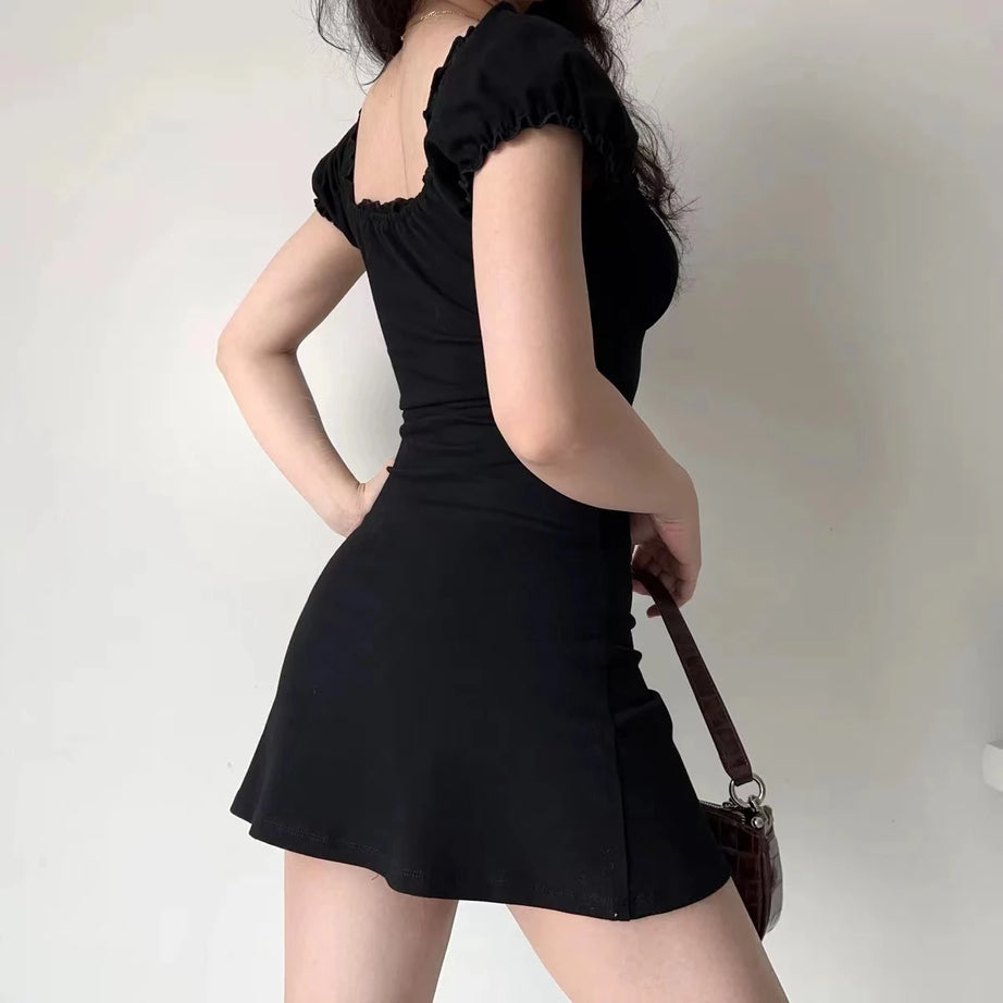Goth Y2k Ruched Ribbon Tie Mini Dress in Midnight Black