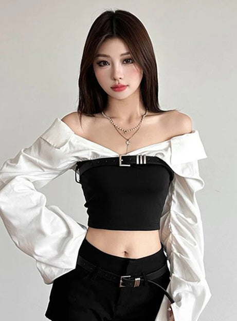 Monochrome Buckled Off-Shoulder Top