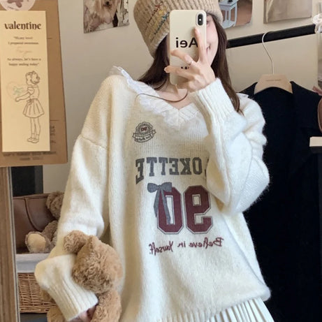 Pink Lace-Trim Graphic Knit Sweater