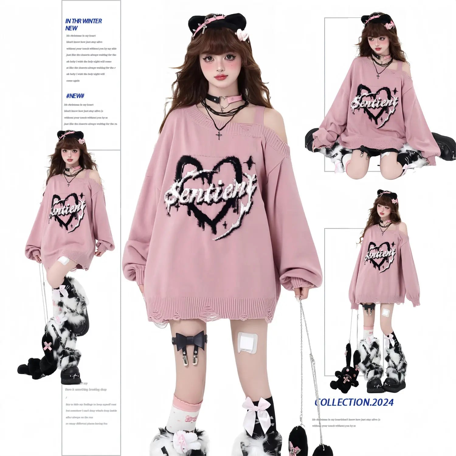 Oversized Edgy Heart Graphic Sweater