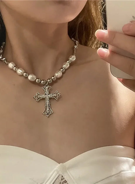 Crystal Rose Gothic Cross Necklace