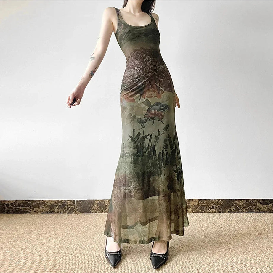 Gothic Forest Print Maxi Dress