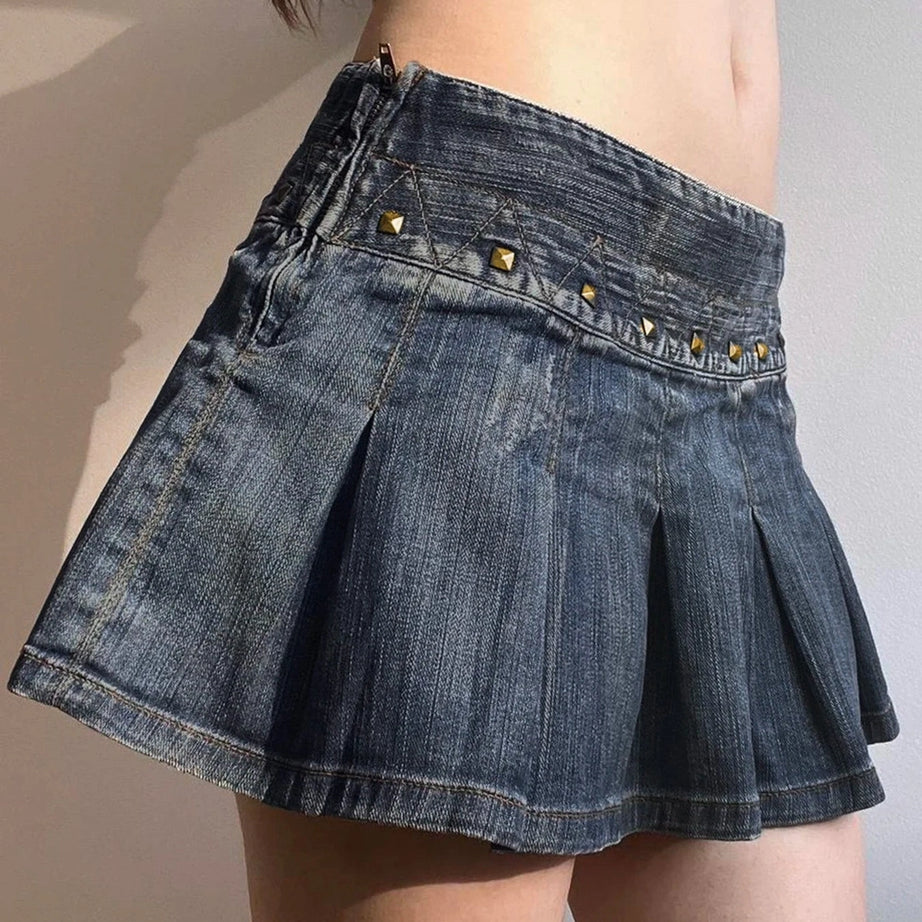 Studded Low-Rise Denim Mini Skirt