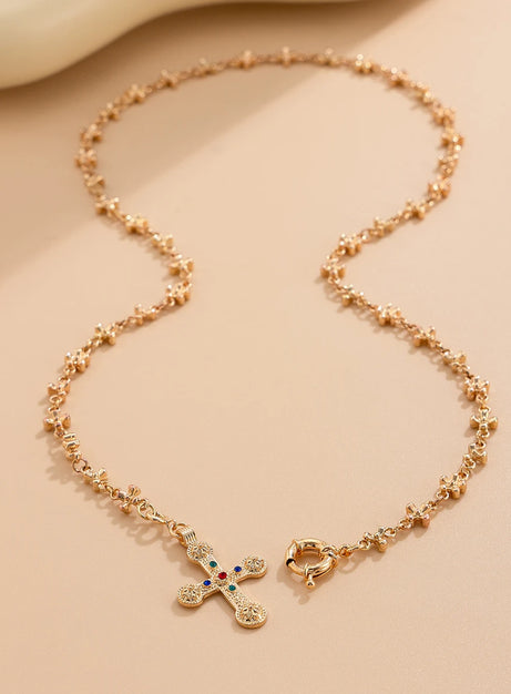 Golden Rosary Cross Necklace