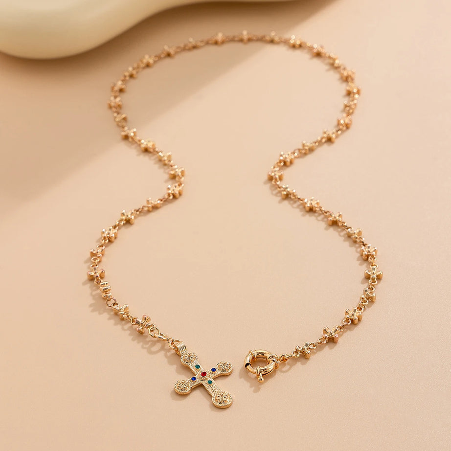 Golden Rosary Cross Necklace