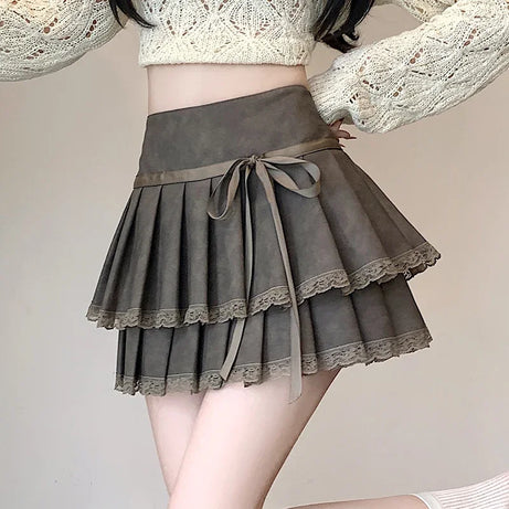 Bow-Tied Lace Pleated Mini Skirt