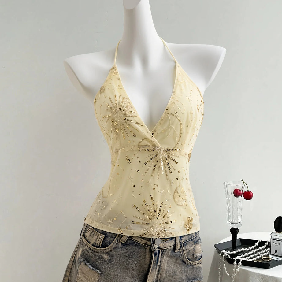 Y2K Celestial Starburst Sequin Halter Dress Top