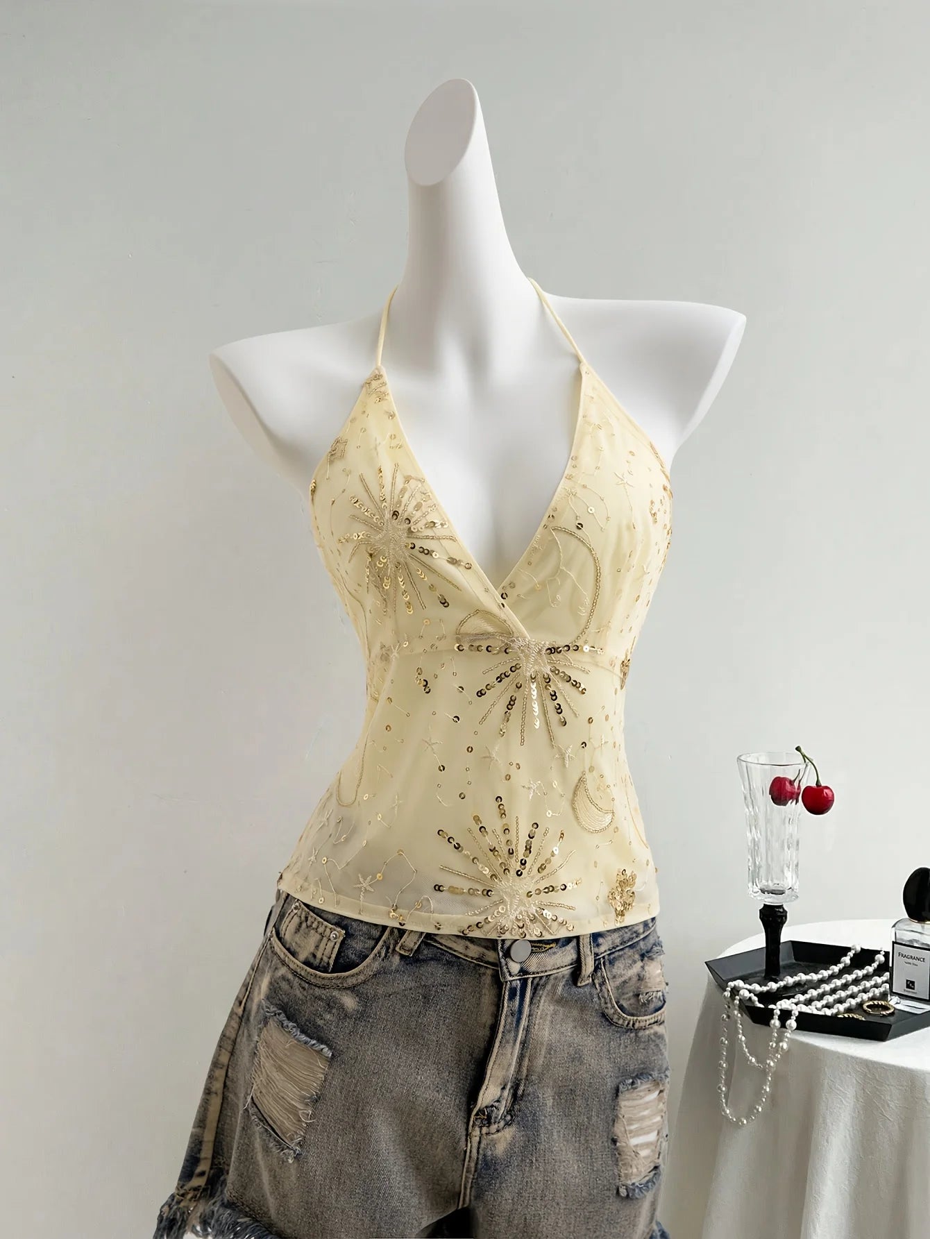 Y2K Celestial Starburst Sequin Halter Dress Top