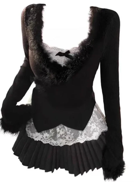 Midnight Elegance Fur-Trim Outfit Set