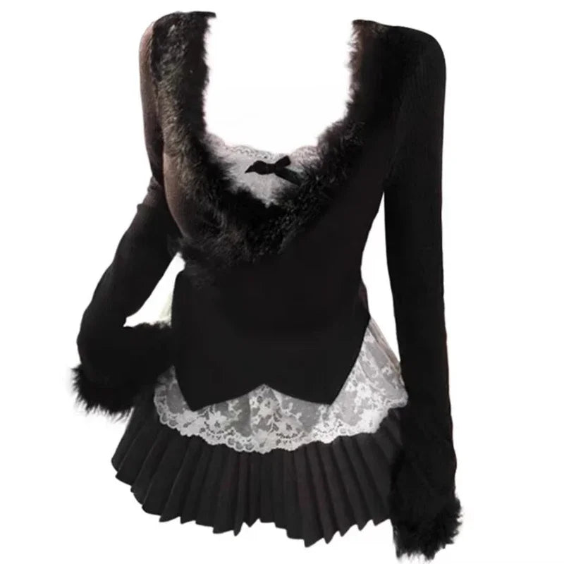 Midnight Elegance Fur-Trim Outfit Set