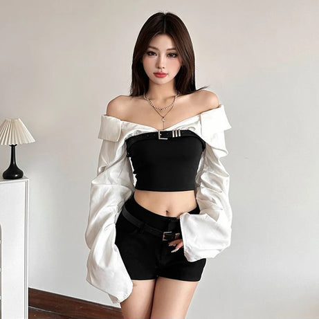 Monochrome Buckled Off-Shoulder Top