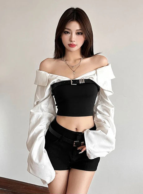 Monochrome Buckled Off-Shoulder Top