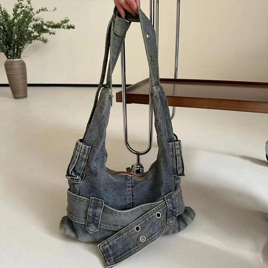 Washed Denim Buckle Shoulder Bag