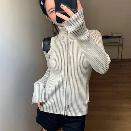 Ribbed High-Neck Zip Sweater