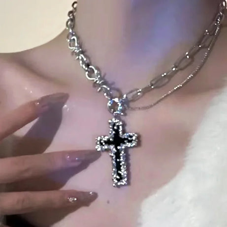 Crystal Rose Gothic Cross Necklace