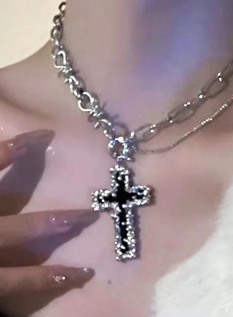 Crystal Rose Gothic Cross Necklace