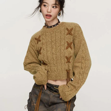 Lace-Up Cable Knit Crop Sweater