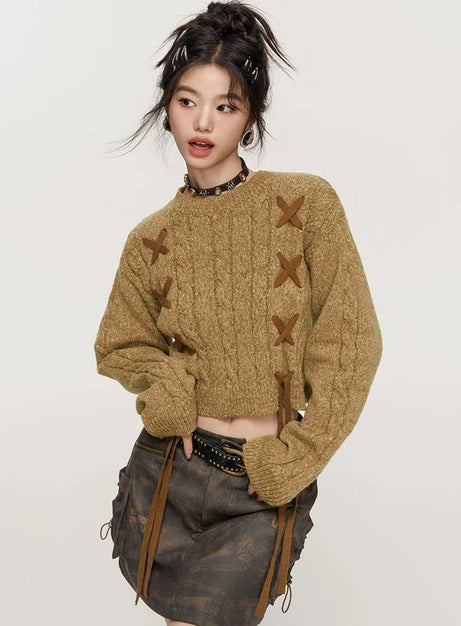 Lace-Up Cable Knit Crop Sweater
