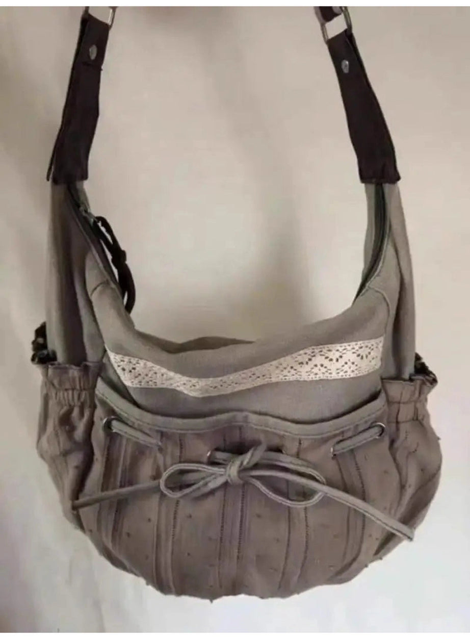 Y2k Boho Lace-Trim Hobo Bag