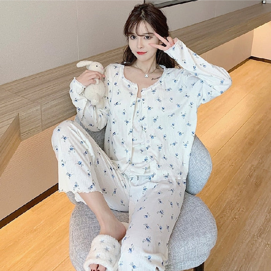 Y2k 3Pcs Ladies Cotton Pajama