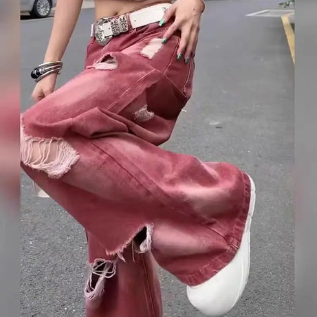 Retro Rose Distressed Baggy Jeans