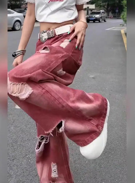 Retro Rose Distressed Baggy Jeans