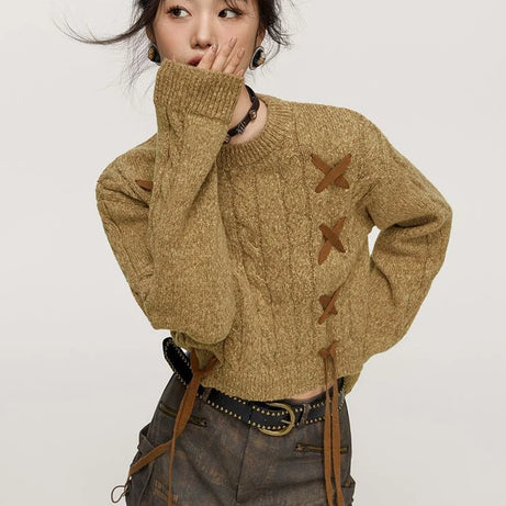 Lace-Up Cable Knit Crop Sweater