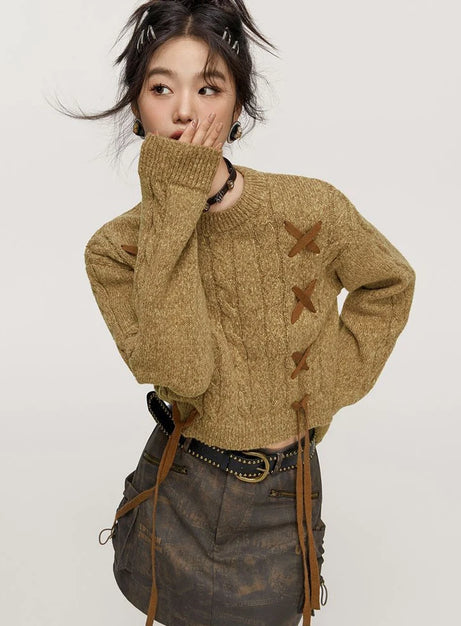 Lace-Up Cable Knit Crop Sweater